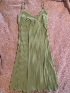 Light Olive Green Pleated Maxi Slip Dress with Spaghetti Straps